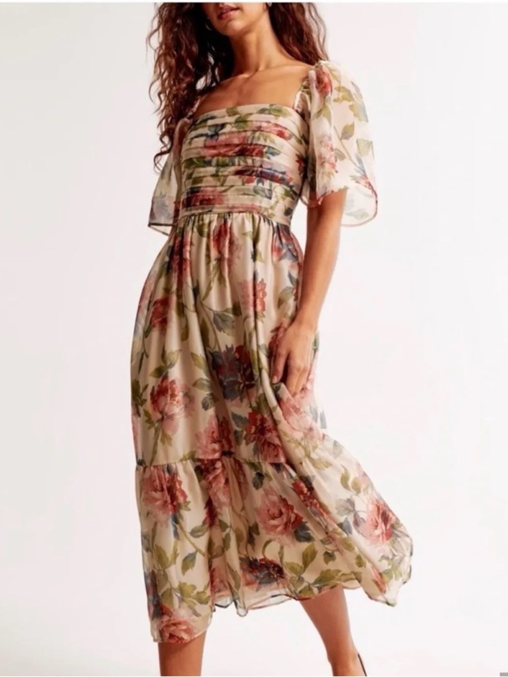 Abercrombie & Fitch Cream Floral Midi Dress with Pink Roses